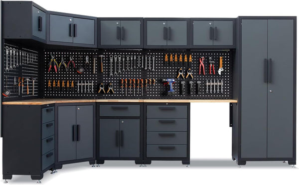 HPDMC 15-Piece Corner Garage Storage Cabinet System with Workbenches & Pegboards