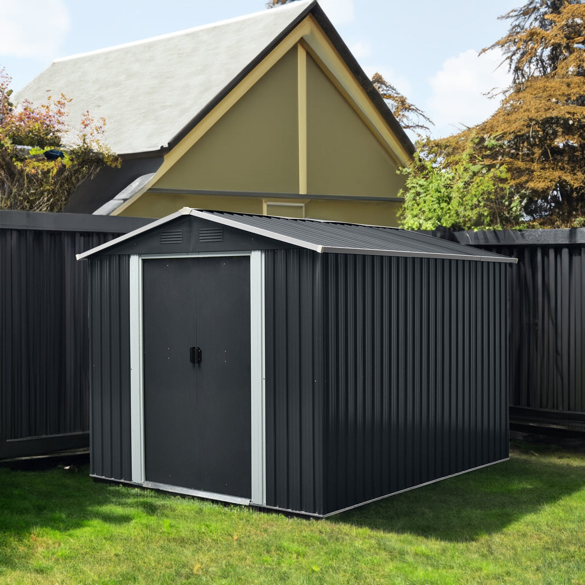 8 × 10 Ft Outdoor Metal Storage Shed with Foundation Frame – Black