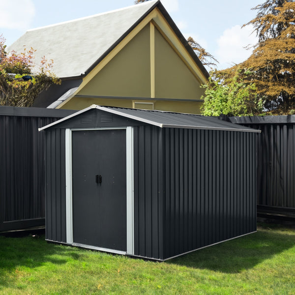 8 × 10 Ft Outdoor Metal Storage Shed with Foundation Frame – Black