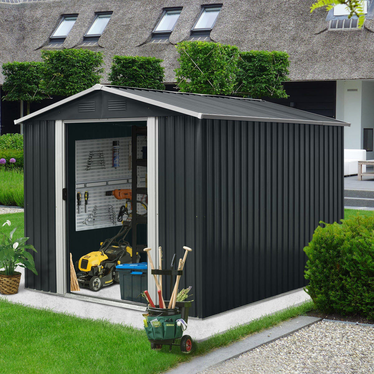 8 × 10 Ft Outdoor Metal Storage Shed with Foundation Frame – Black