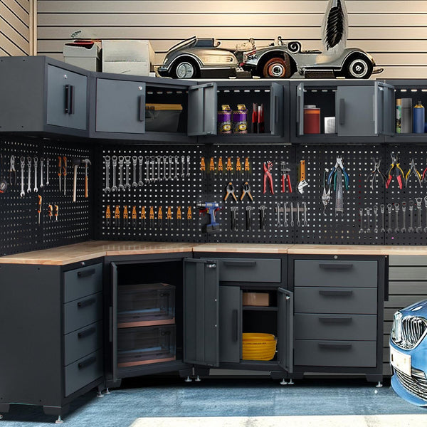 HPDMC 15-Piece Corner Garage Storage Cabinet System with Workbenches & Pegboards