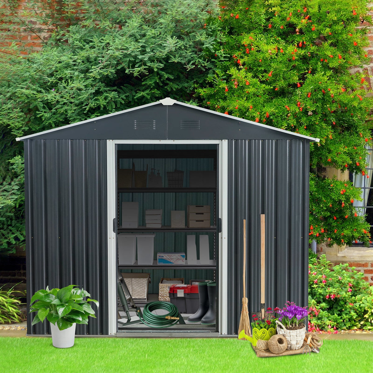 8 × 10 Ft Outdoor Metal Storage Shed with Foundation Frame – Black