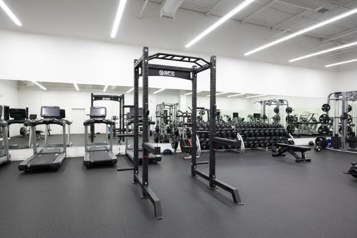 SFE Commercial Squat Rack with Safety Catches, Weight Storage & Olympic Barbell