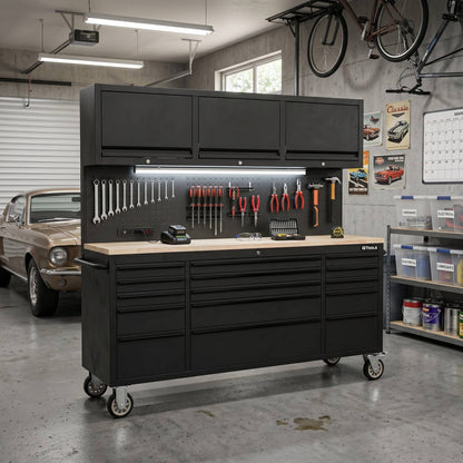 GT7218 72-Inch Rolling Tool Chest with Upper Cabinet, Pegboard, LED Light & Power
