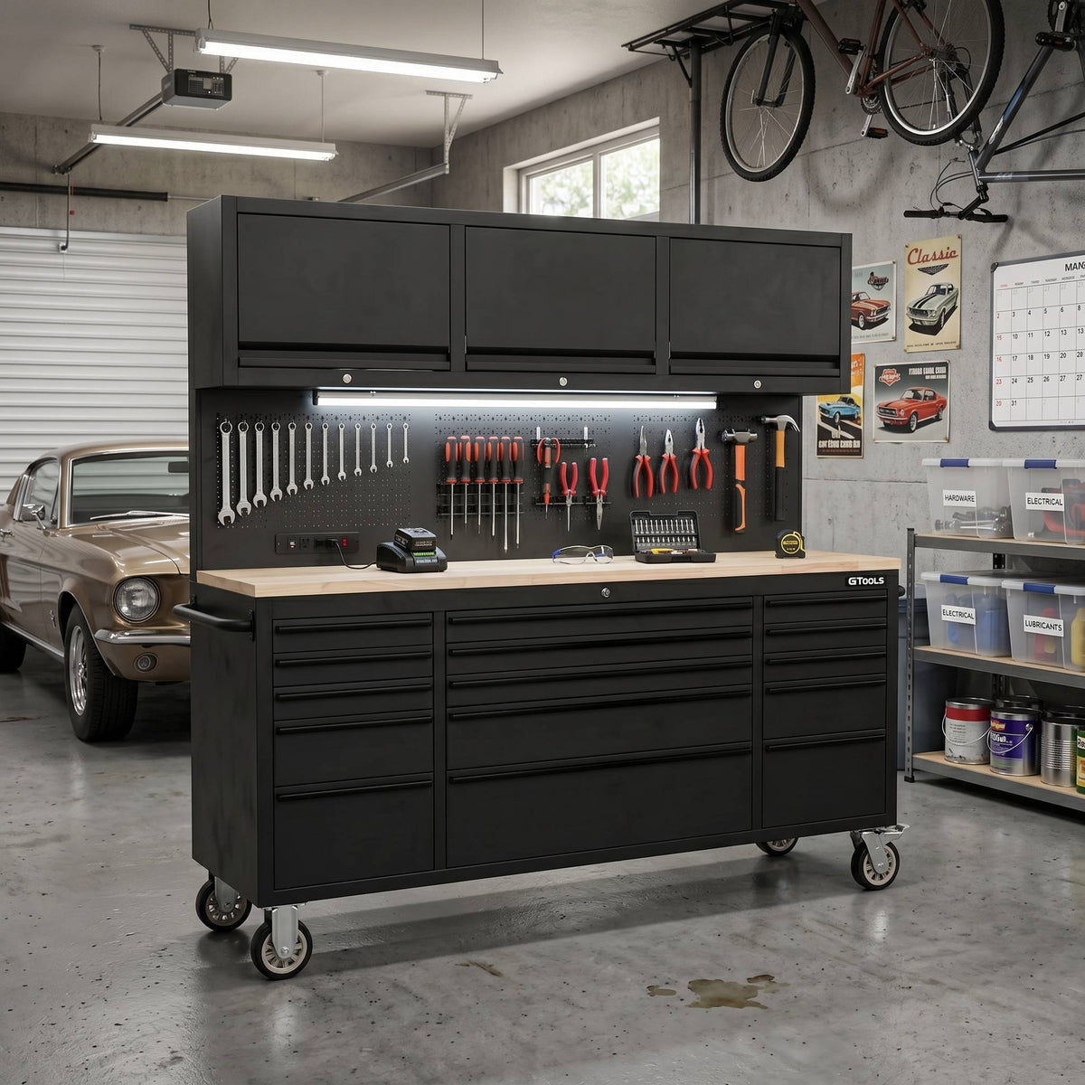 GT7218 72-Inch Rolling Tool Chest with Upper Cabinet, Pegboard, LED Light & Power