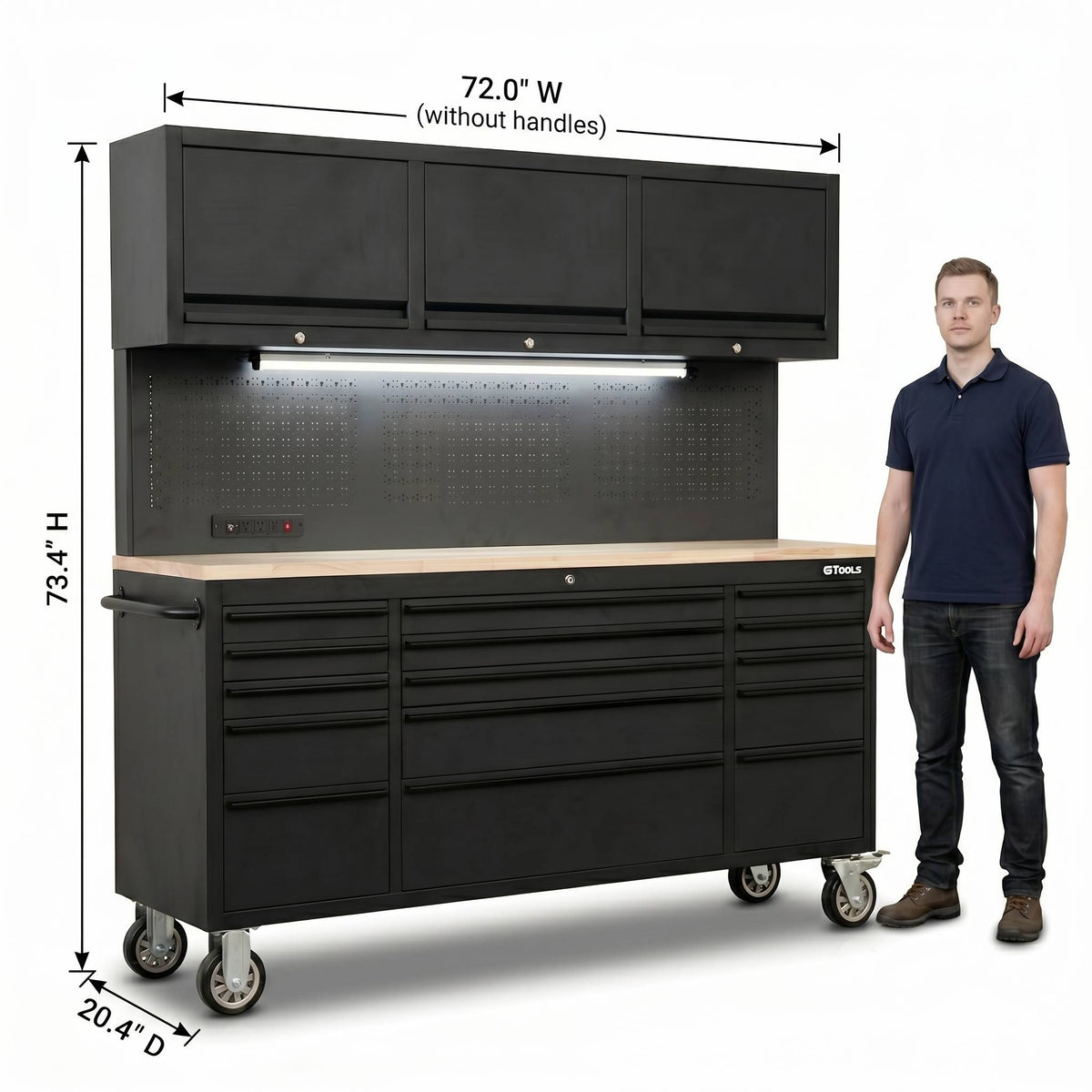 GT7218 72-Inch Rolling Tool Chest with Upper Cabinet, Pegboard, LED Light & Power