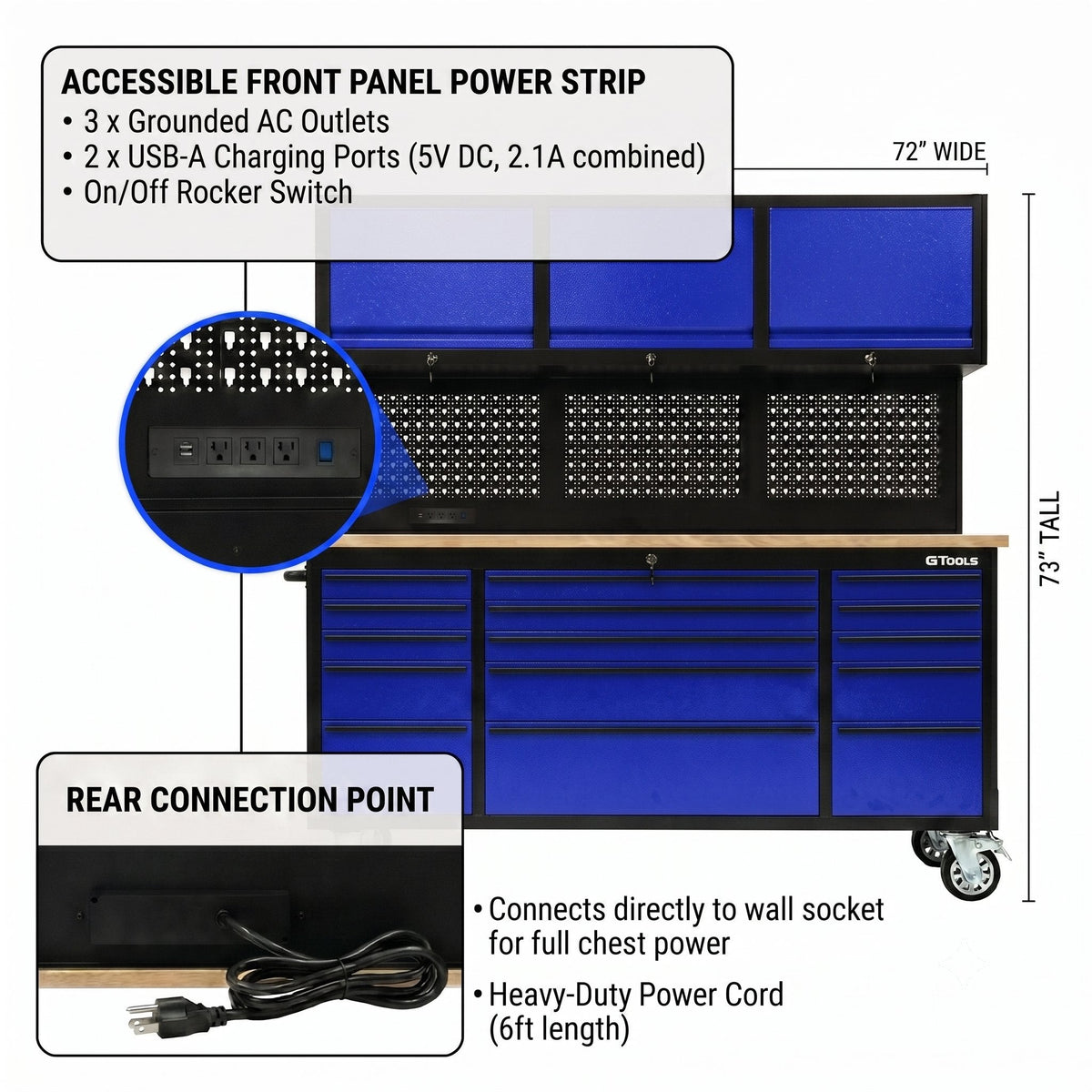 GT7218 72-Inch Rolling Tool Chest with Upper Cabinet, Pegboard, LED Light & Power