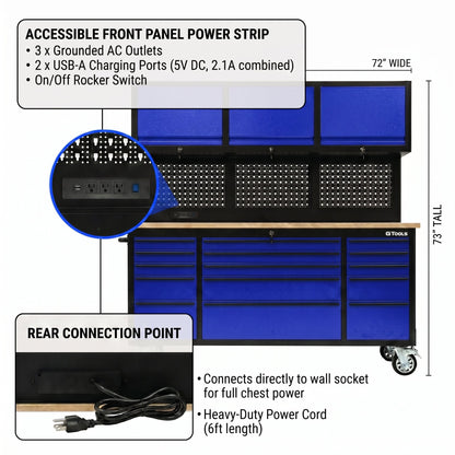 GT7218 72-Inch Rolling Tool Chest with Upper Cabinet, Pegboard, LED Light & Power