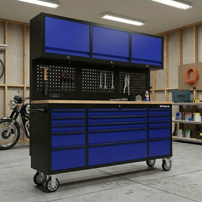 GT7218 72-Inch Rolling Tool Chest with Upper Cabinet, Pegboard, LED Light & Power