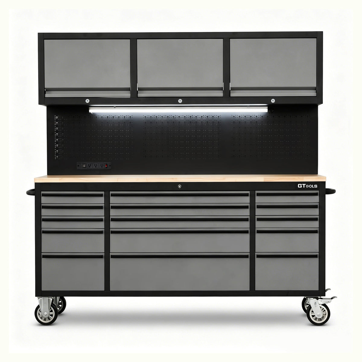 GT7218 72-Inch Rolling Tool Chest with Upper Cabinet, Pegboard, LED Light & Power