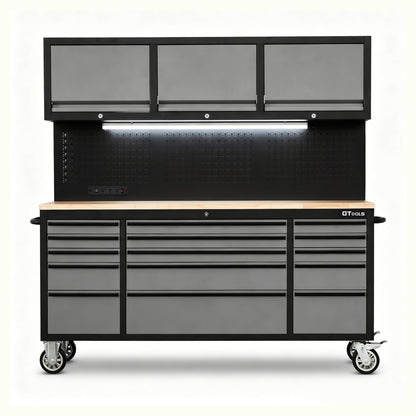 GT7218 72-Inch Rolling Tool Chest with Upper Cabinet, Pegboard, LED Light & Power