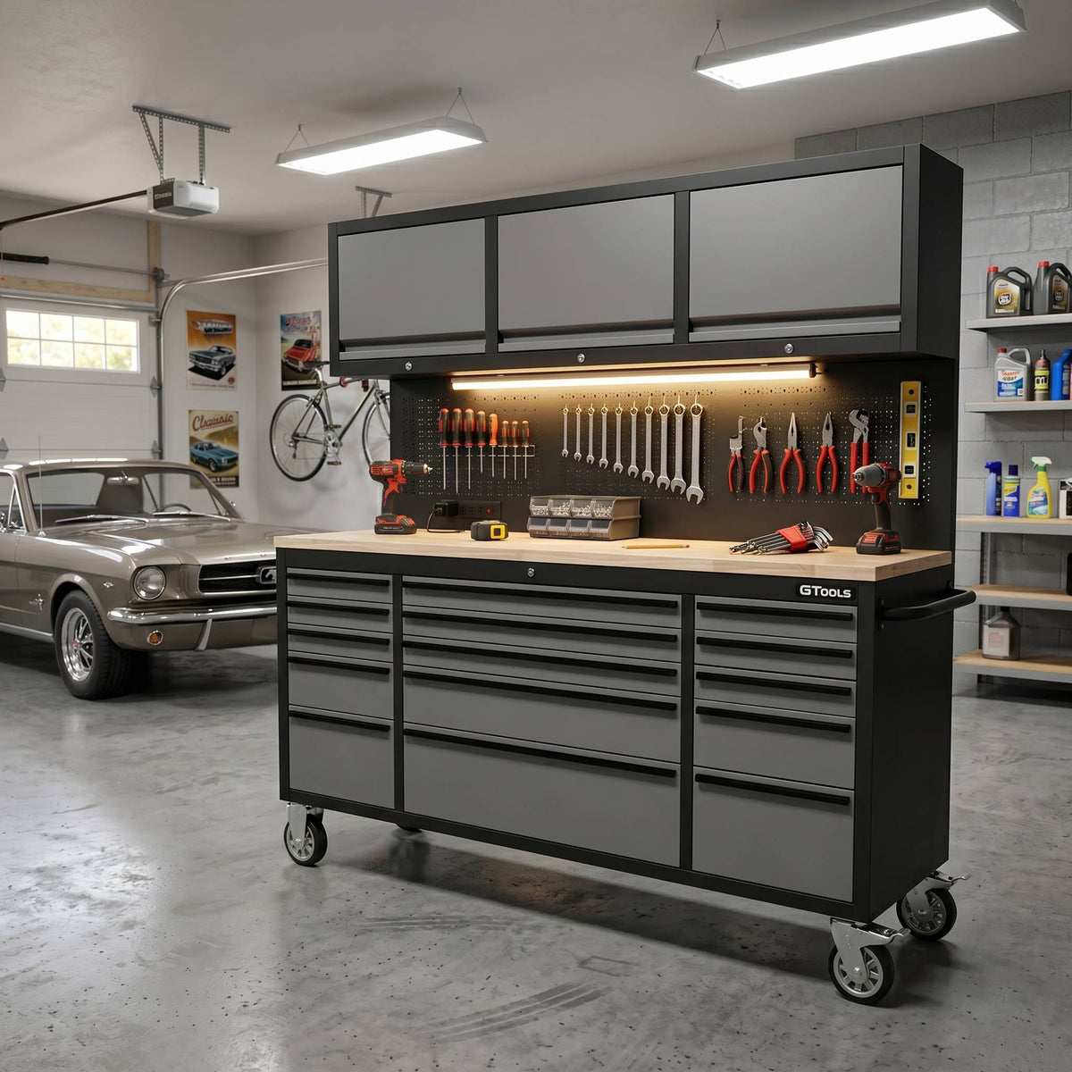 GT7218 72-Inch Rolling Tool Chest with Upper Cabinet, Pegboard, LED Light & Power