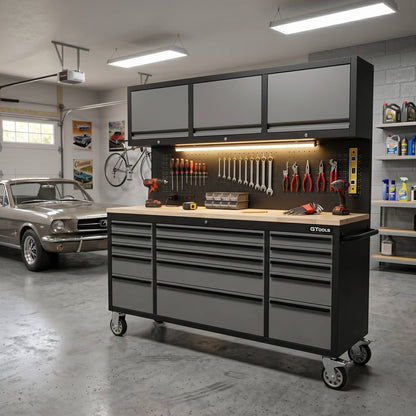 GT7218 72-Inch Rolling Tool Chest with Upper Cabinet, Pegboard, LED Light & Power