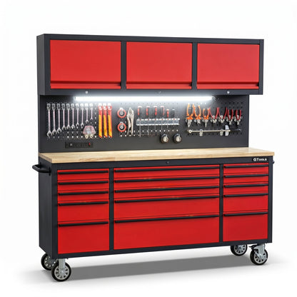 GT7218 72-Inch Rolling Tool Chest with Upper Cabinet, Pegboard, LED Light & Power