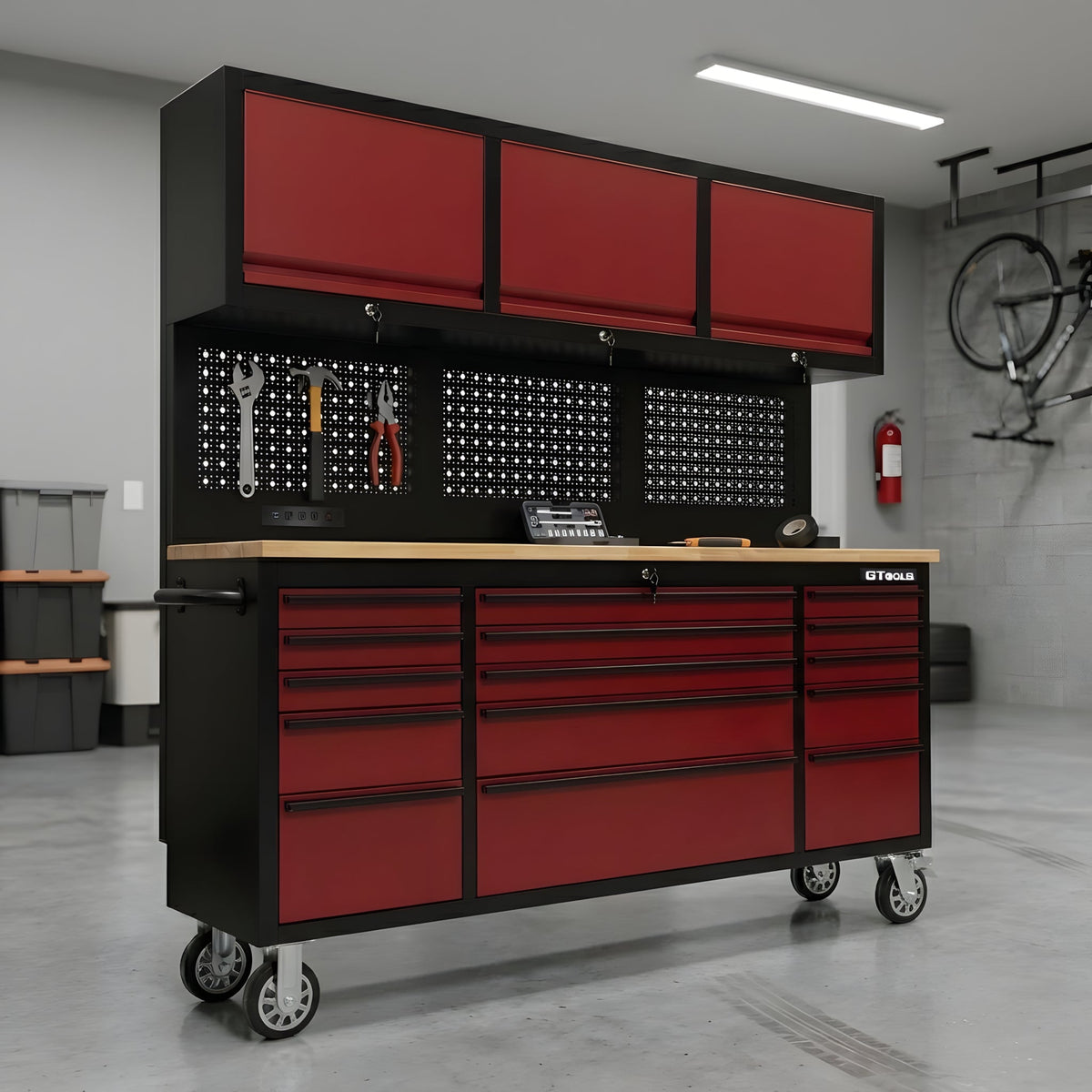 GT7218 72-Inch Rolling Tool Chest with Upper Cabinet, Pegboard, LED Light & Power