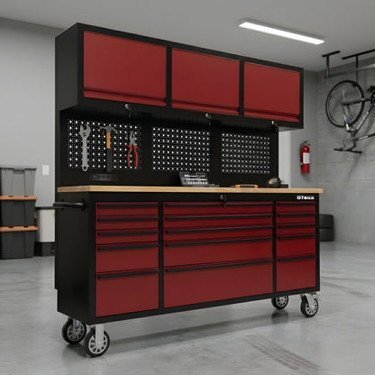 GT7218 72-Inch Rolling Tool Chest with Upper Cabinet, Pegboard, LED Light & Power