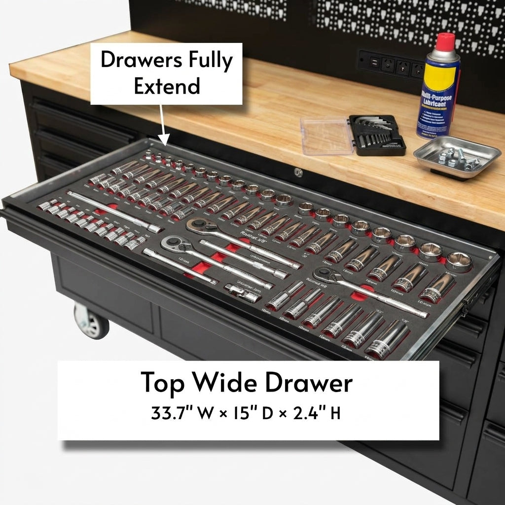 GT7218 72-Inch Rolling Tool Chest with Upper Cabinet, Pegboard, LED Light & Power