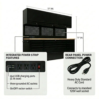 GT7218 72-Inch Rolling Tool Chest with Upper Cabinet, Pegboard, LED Light & Power
